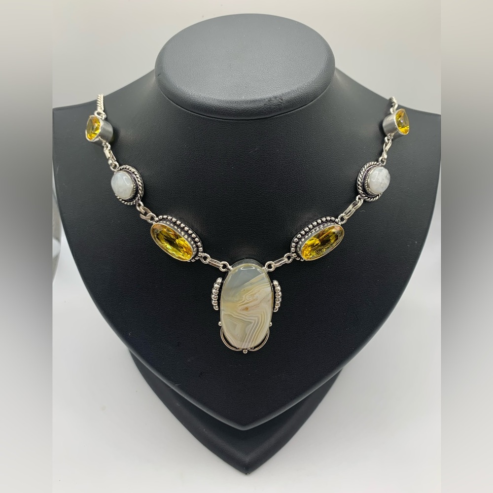 Sterling silver citrine moonstone agate necklace